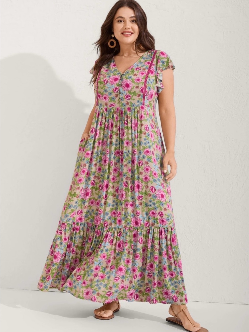BloomChic Pink and Green I Floral Prairie Maxi Dress